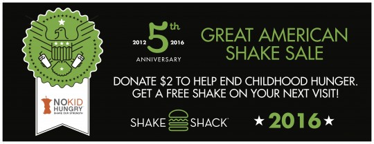 5th Anniversary Great American Shake Sale: Donate $2 to Help End Childhood Hunger. Get a Free Shake on Your Next Visit!